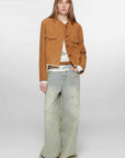 Retro Suede Sheep Leather Short Jacket with Structured Shoulders and Round Neck, Genuine Leather Outerwear "Sunset Escape" - variant_title