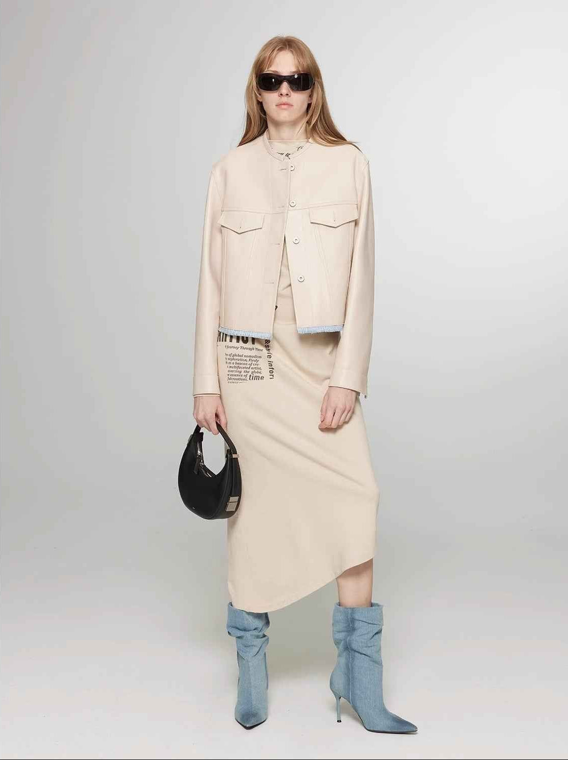 Retro Suede Sheep Leather Short Jacket with Structured Shoulders and Round Neck, Genuine Leather Outerwear "Sunset Escape" - variant_title