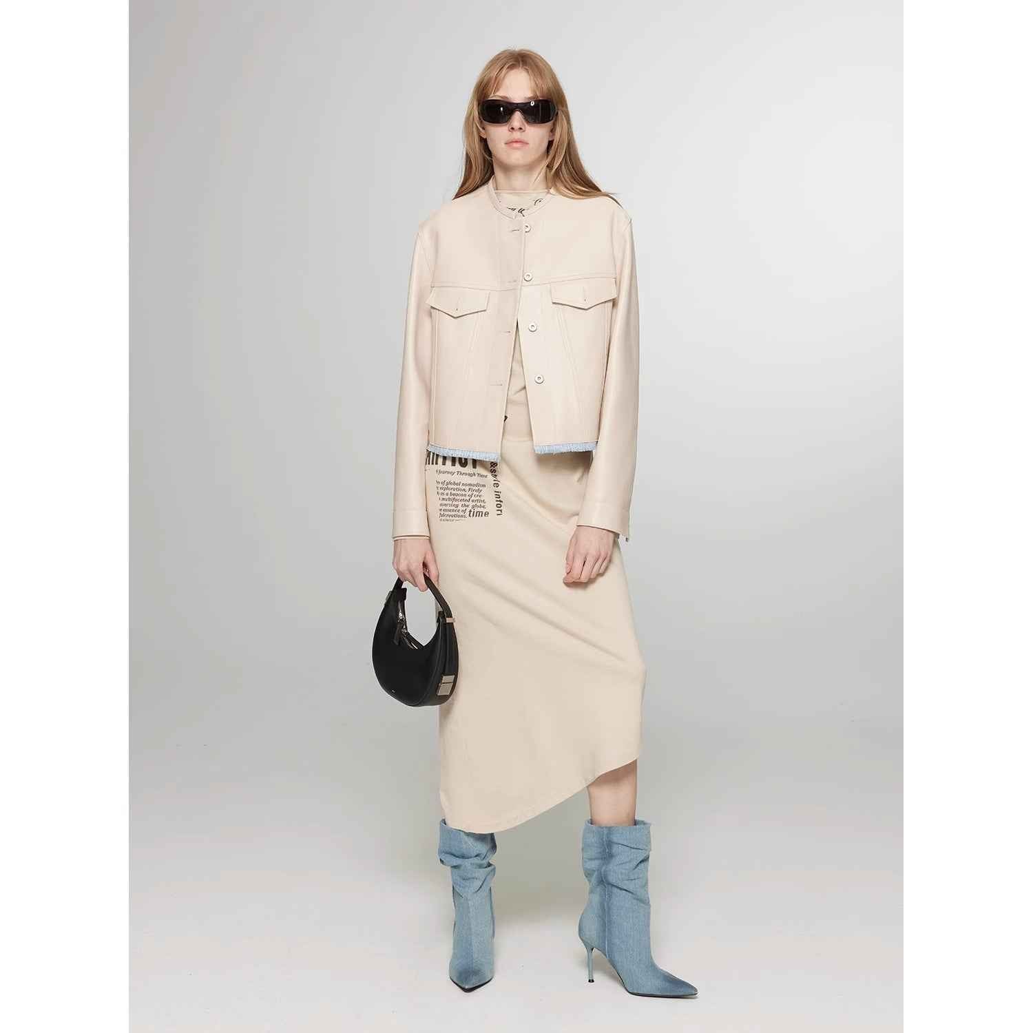 Retro Suede Sheep Leather Short Jacket with Structured Shoulders and Round Neck, Genuine Leather Outerwear "Sunset Escape" - variant_title