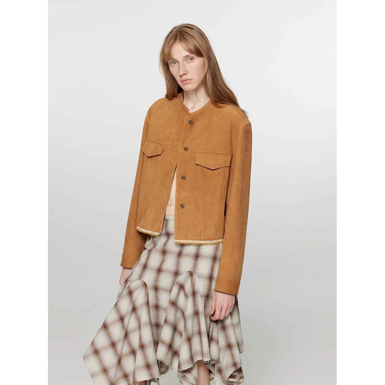 Retro Suede Sheep Leather Short Jacket with Structured Shoulders and Round Neck, Genuine Leather Outerwear "Sunset Escape" - variant_title