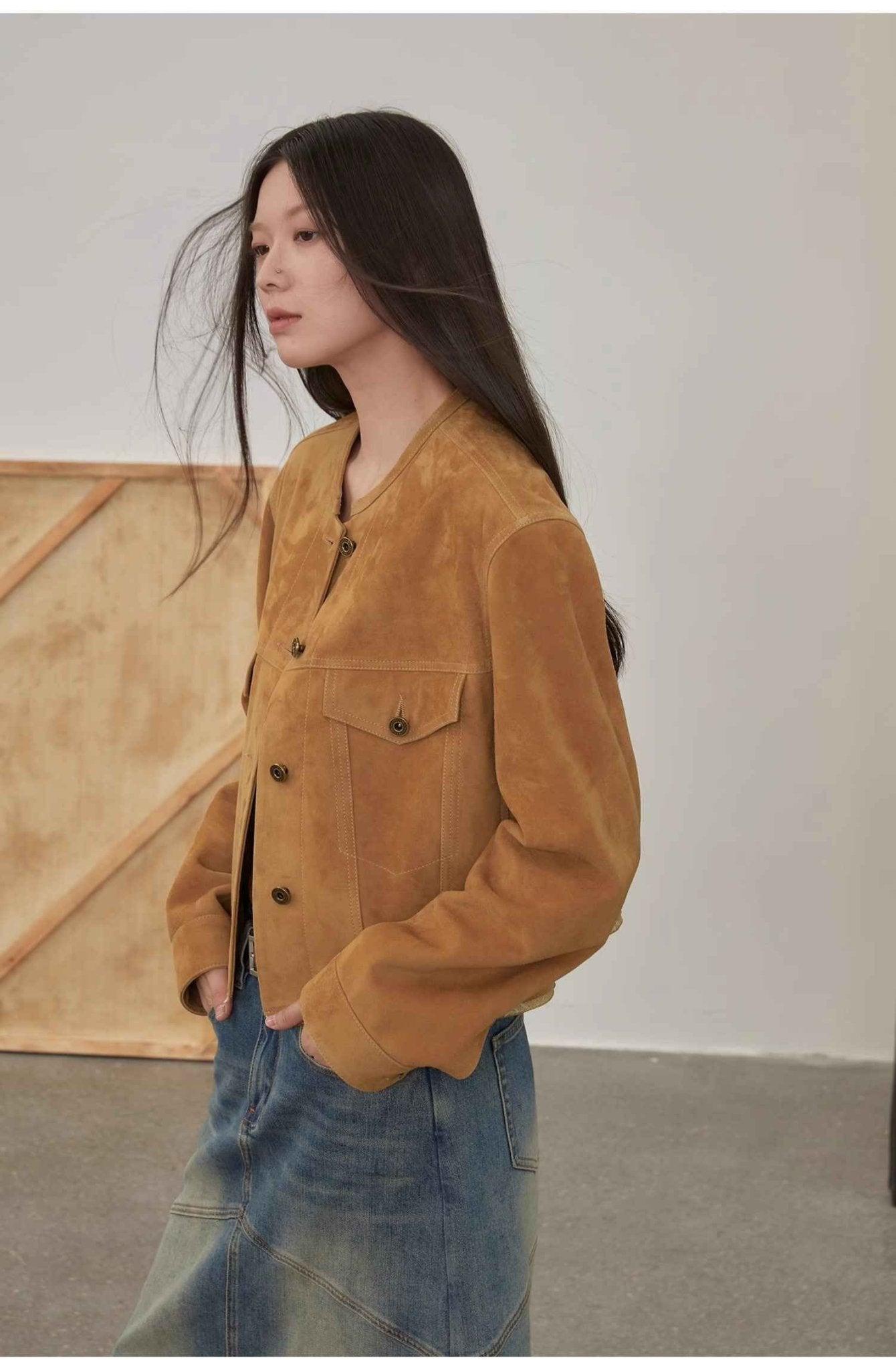 Retro Suede Sheep Leather Short Jacket with Structured Shoulders and Round Neck, Genuine Leather Outerwear "Sunset Escape" - variant_title