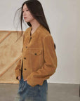 Retro Suede Sheep Leather Short Jacket with Structured Shoulders and Round Neck, Genuine Leather Outerwear "Sunset Escape" - variant_title