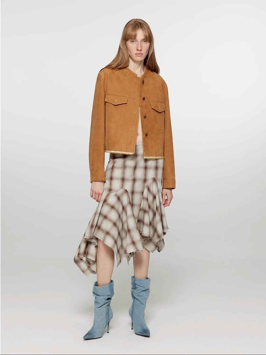 Retro Suede Sheep Leather Short Jacket with Structured Shoulders and Round Neck, Genuine Leather Outerwear "Sunset Escape" - variant_title