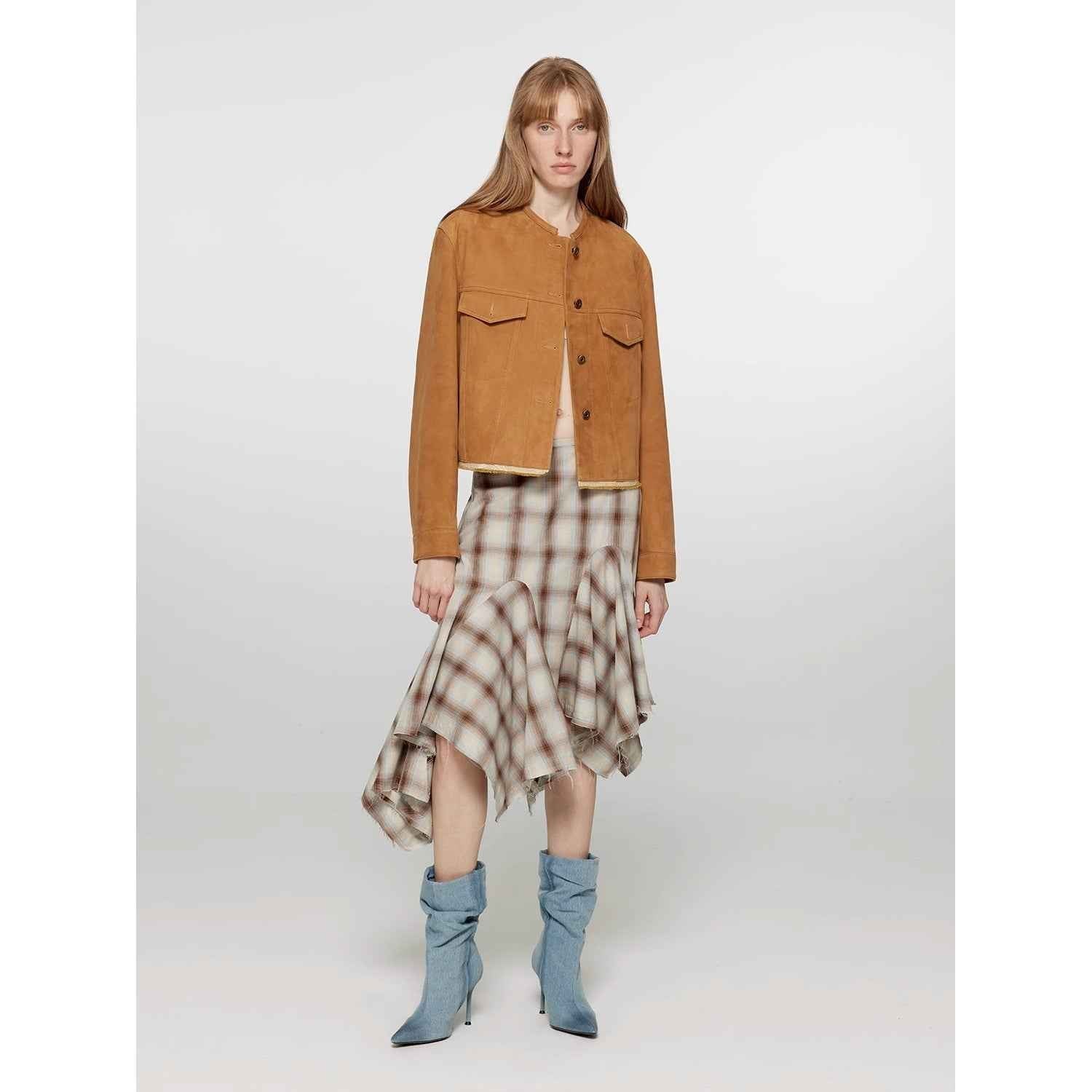Retro Suede Sheep Leather Short Jacket with Structured Shoulders and Round Neck, Genuine Leather Outerwear "Sunset Escape" - variant_title