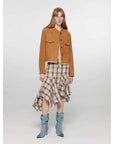Retro Suede Sheep Leather Short Jacket with Structured Shoulders and Round Neck, Genuine Leather Outerwear "Sunset Escape" - variant_title