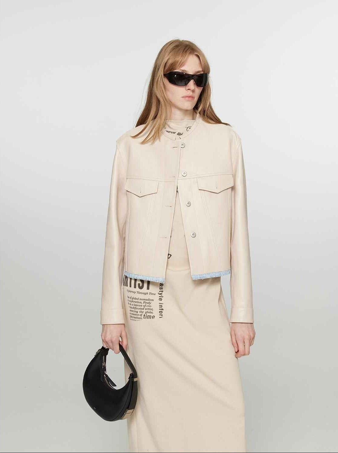 Retro Suede Sheep Leather Short Jacket with Structured Shoulders and Round Neck, Genuine Leather Outerwear "Sunset Escape" - variant_title