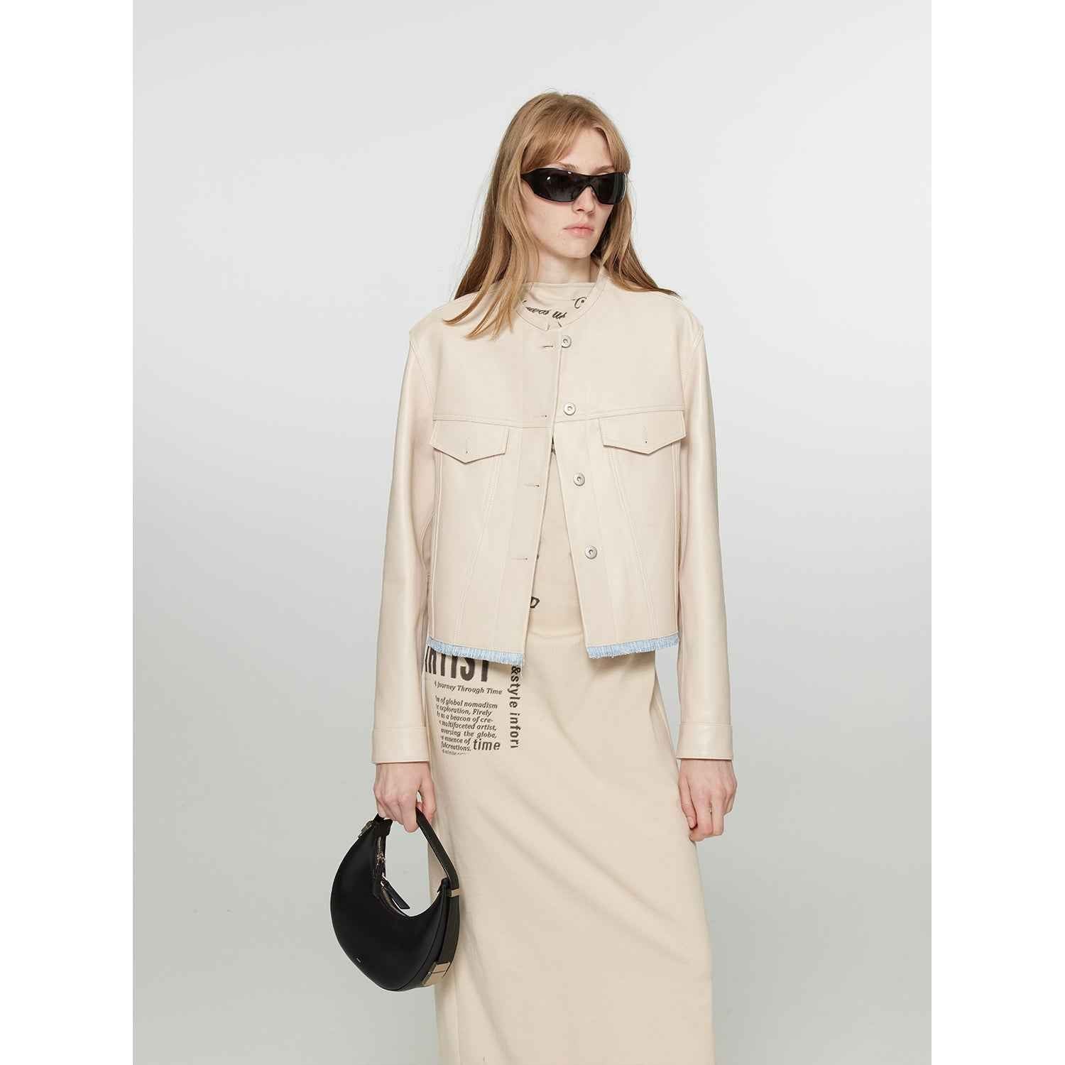 Retro Suede Sheep Leather Short Jacket with Structured Shoulders and Round Neck, Genuine Leather Outerwear "Sunset Escape" - variant_title