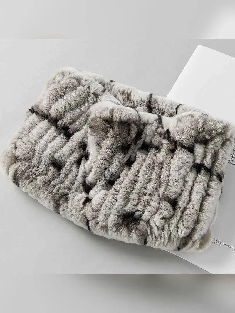 Grey rex rabbit fur elastic woven neck scarf shown in a clear product detail view