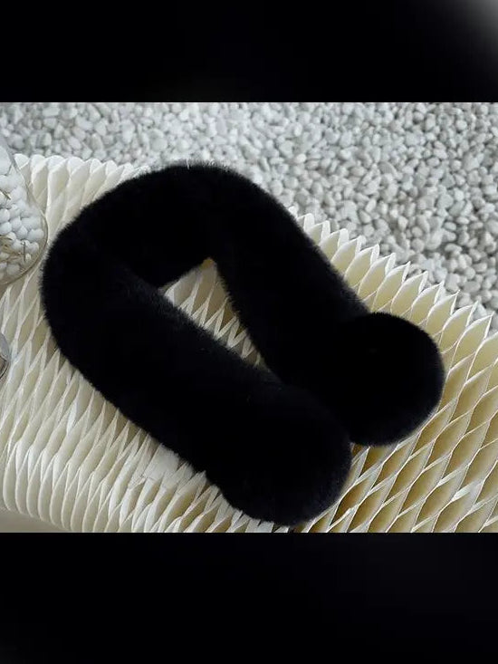 Black Rex rabbit fur magnetic scarf for women styled on textured display