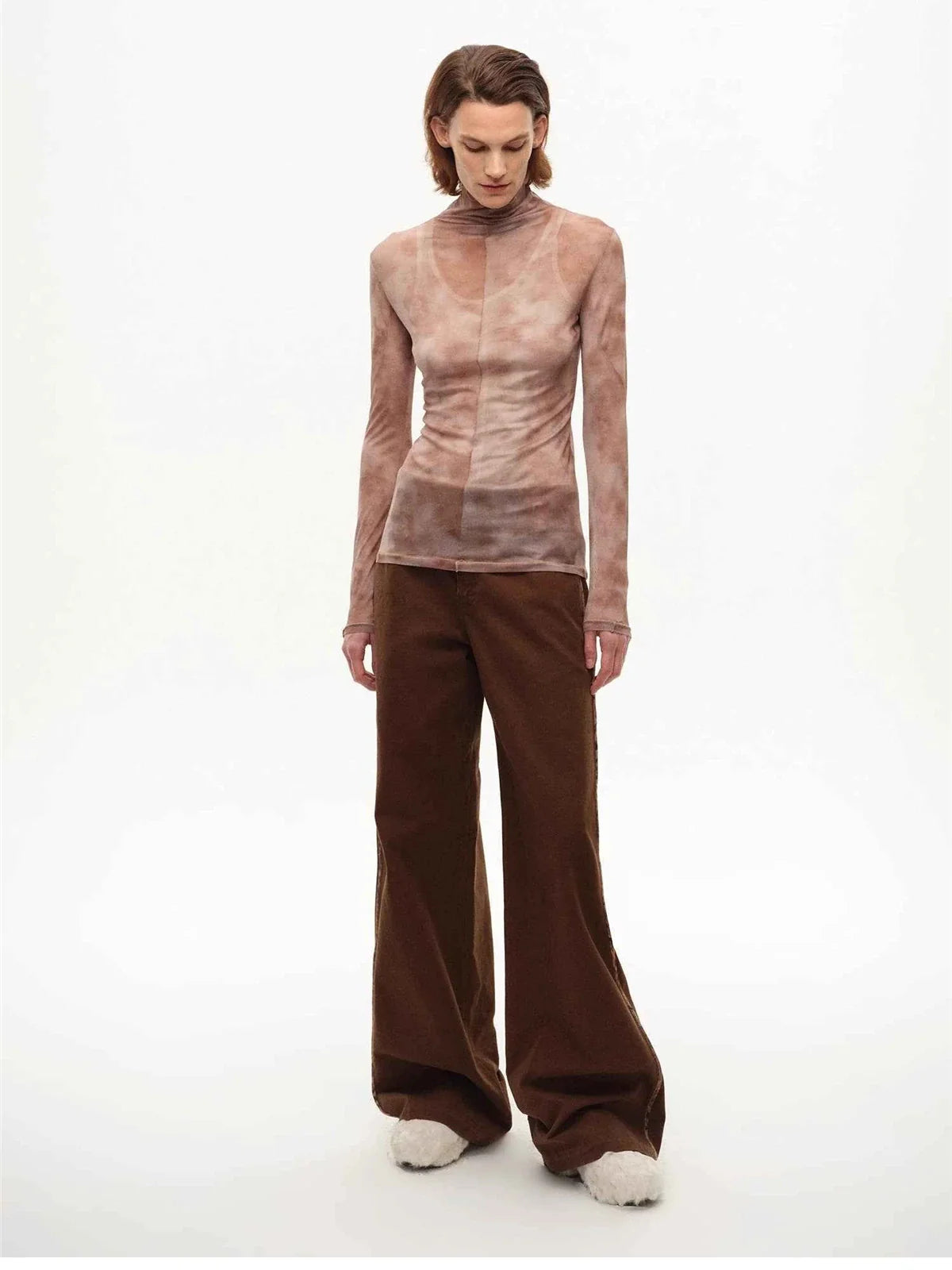 Rich Dusk mesh high collar bottoming shirt coffee full front view