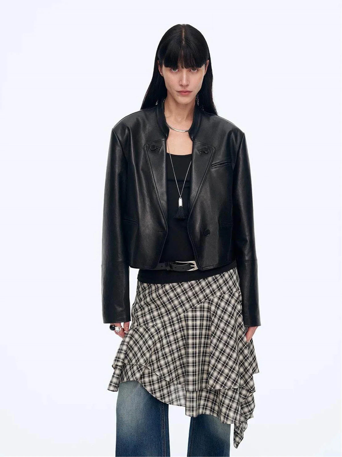Stand Collar Suit Sheepskin Leather Short Jacket Roman Story - Black front view