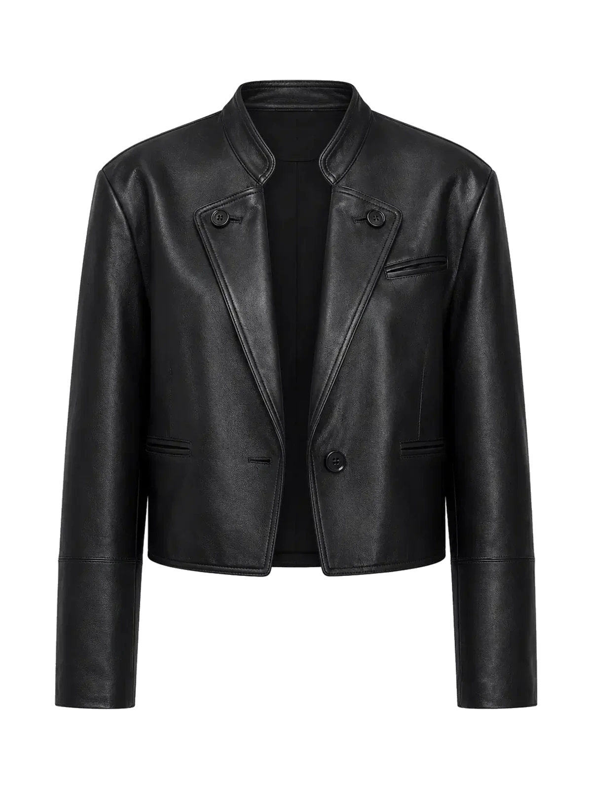 Stand Collar Suit Sheepskin Leather Short Jacket Roman Story - Black product cutout