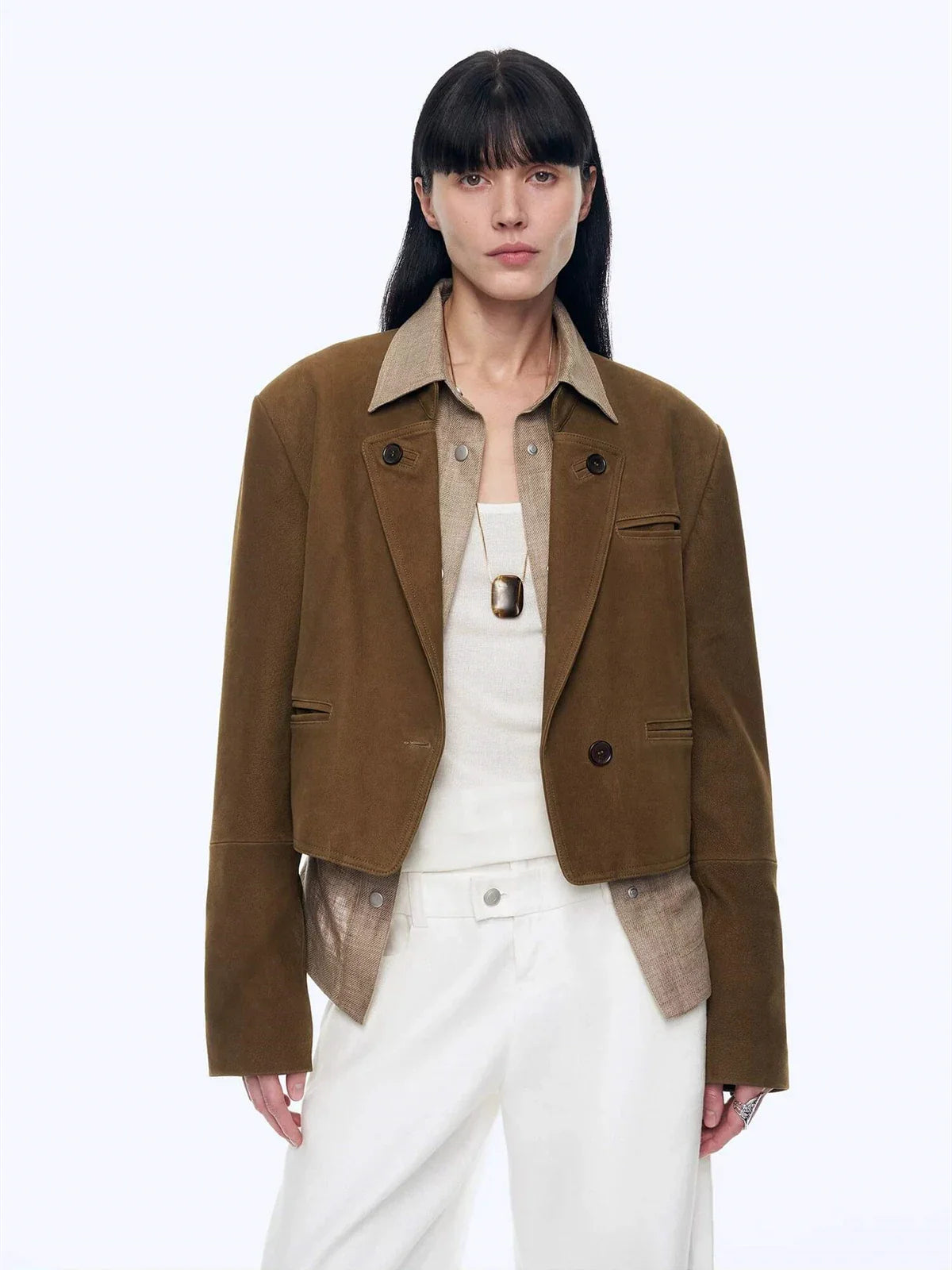 Stand Collar Suit Sheepskin Leather Short Jacket Roman Story - Dark Brown front view