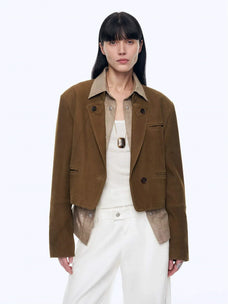 Stand Collar Suit Sheepskin Leather Short Jacket Roman Story - Dark Brown front view