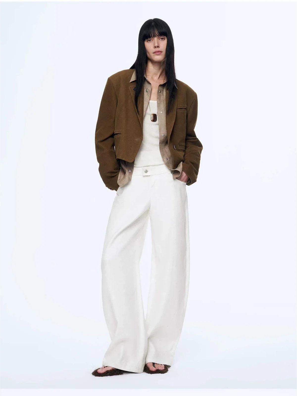 Stand Collar Suit Sheepskin Leather Short Jacket Roman Story - Dark Brown full body view