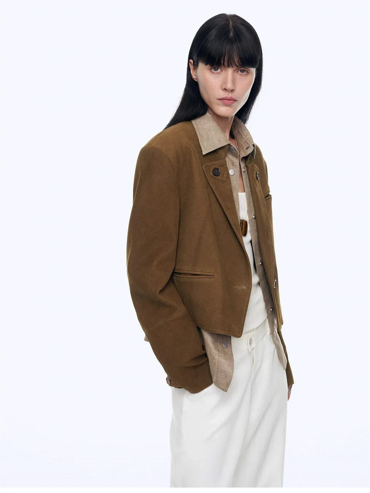 Stand Collar Suit Sheepskin Leather Short Jacket Roman Story - Dark Brown side view