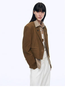 Stand Collar Suit Sheepskin Leather Short Jacket Roman Story - Dark Brown side view
