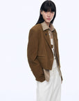 Stand Collar Suit Sheepskin Leather Short Jacket Roman Story - Dark Brown side view