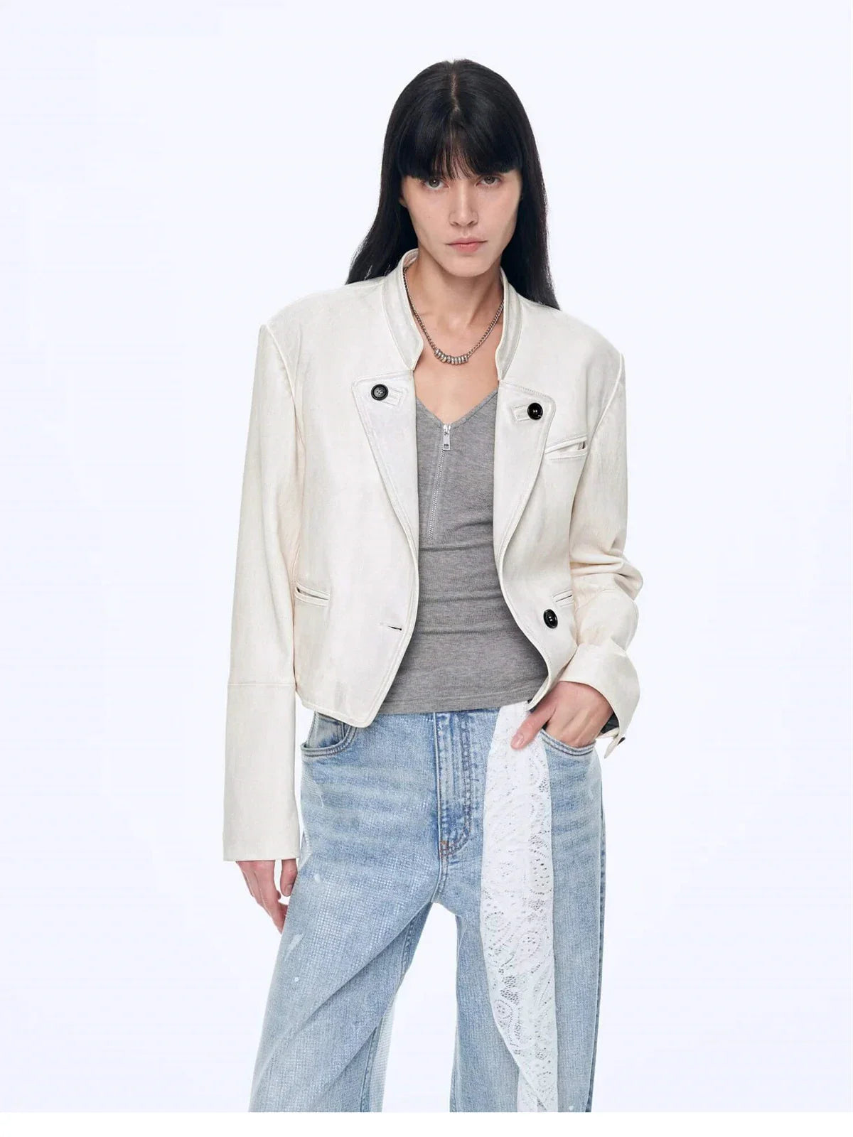 Stand Collar Suit Sheepskin Leather Short Jacket Roman Story - Matt White close view