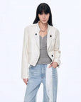 Stand Collar Suit Sheepskin Leather Short Jacket Roman Story - Matt White close view