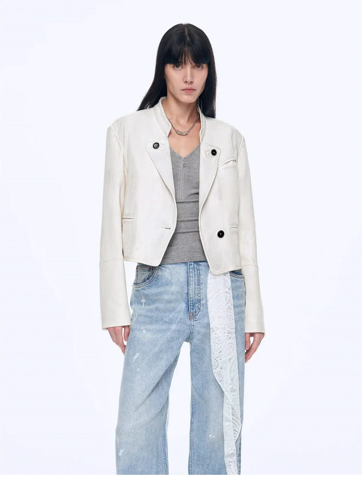 Stand Collar Suit Sheepskin Leather Short Jacket Roman Story - Matt White front view
