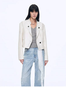 Stand Collar Suit Sheepskin Leather Short Jacket Roman Story - Matt White front view