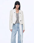 Stand Collar Suit Sheepskin Leather Short Jacket Roman Story - Matt White front view