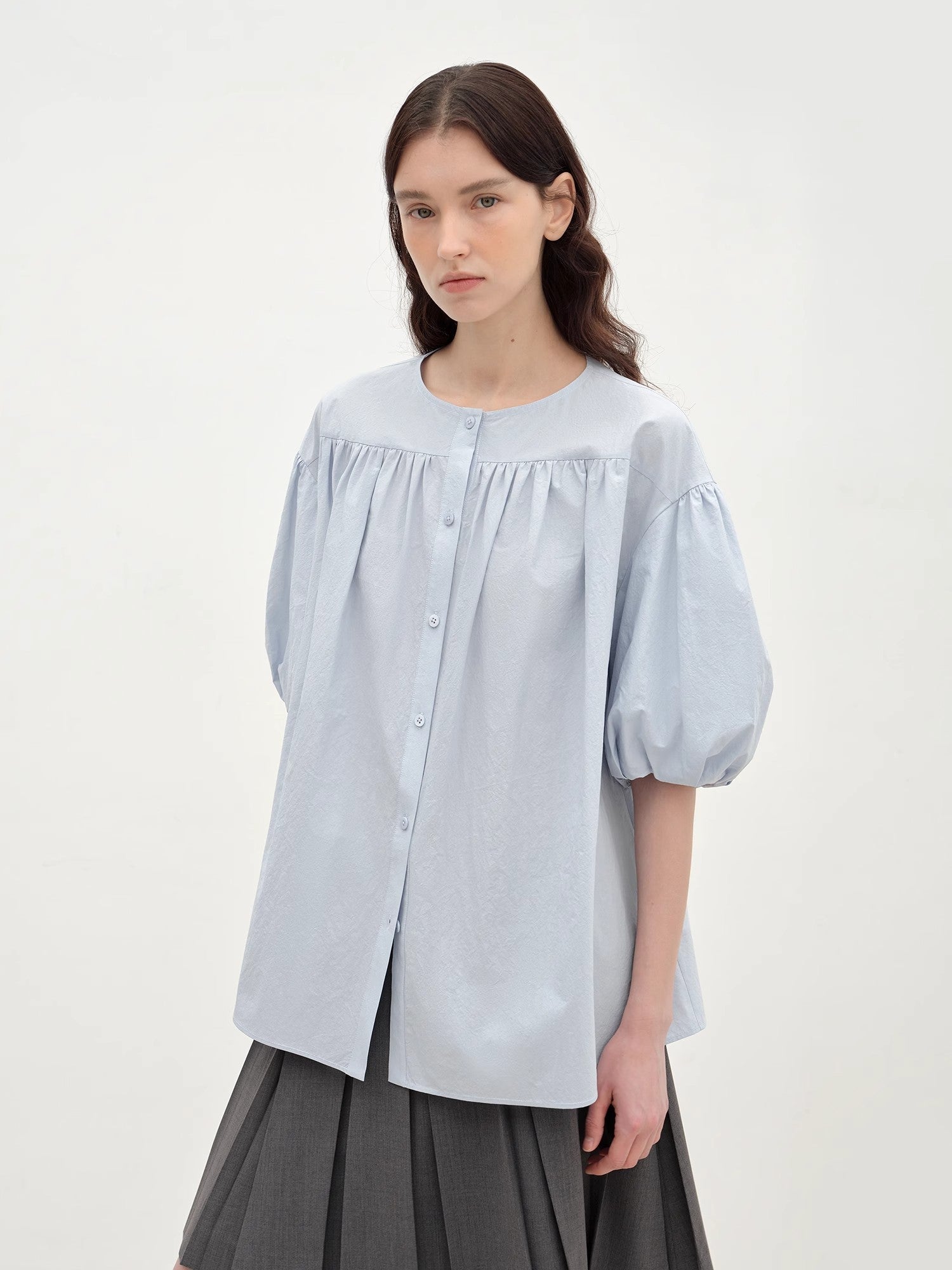 "Romantic Line Drawing" Pure Cotton Slightly Wrinkled Puff Sleeve Short Top for Women - variant_title