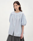 "Romantic Line Drawing" Pure Cotton Slightly Wrinkled Puff Sleeve Short Top for Women - variant_title