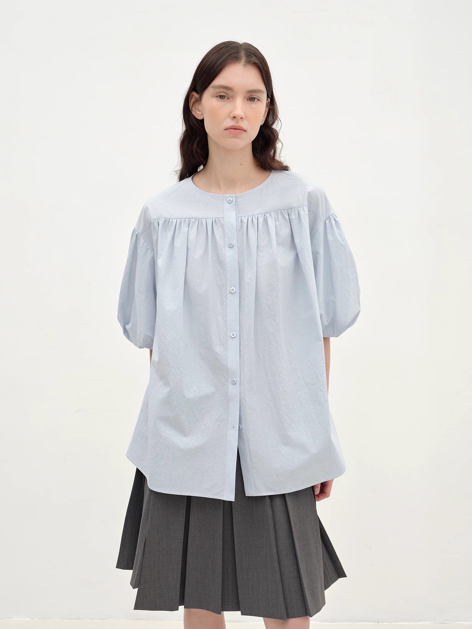 "Romantic Line Drawing" Pure Cotton Slightly Wrinkled Puff Sleeve Short Top for Women - variant_title