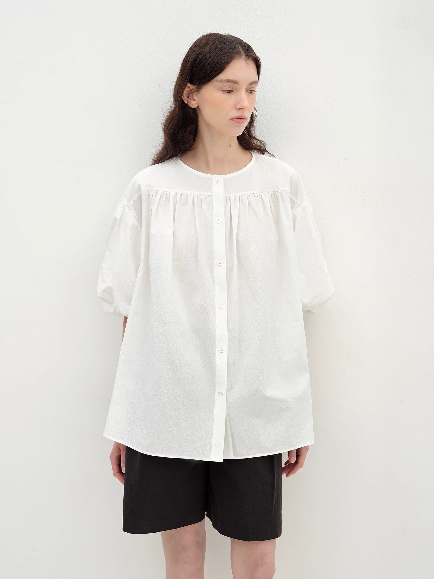 "Romantic Line Drawing" Pure Cotton Slightly Wrinkled Puff Sleeve Short Top for Women - variant_title