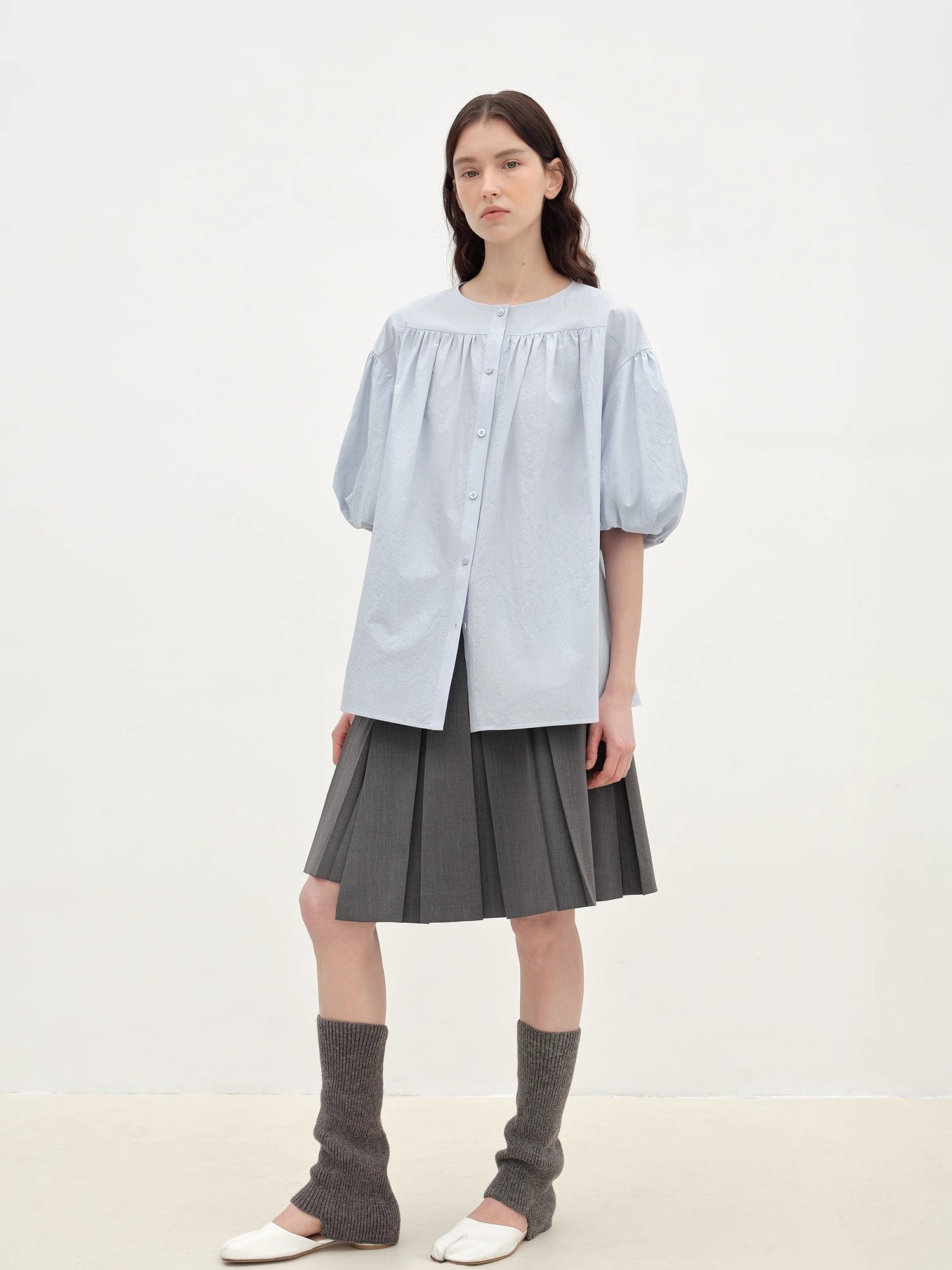"Romantic Line Drawing" Pure Cotton Slightly Wrinkled Puff Sleeve Short Top for Women - variant_title