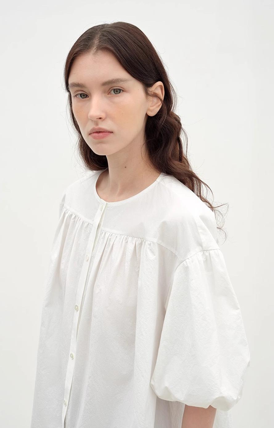 "Romantic Line Drawing" Pure Cotton Slightly Wrinkled Puff Sleeve Short Top for Women - variant_title