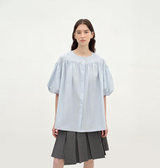 "Romantic Line Drawing" Pure Cotton Slightly Wrinkled Puff Sleeve Short Top for Women - variant_title