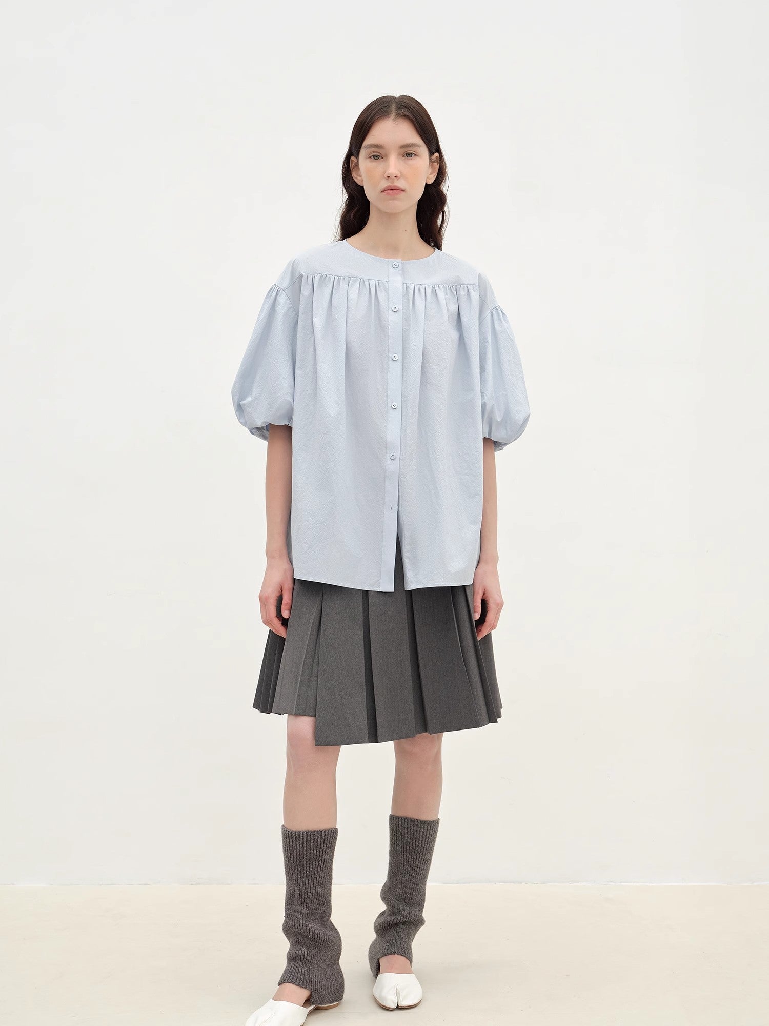 "Romantic Line Drawing" Pure Cotton Slightly Wrinkled Puff Sleeve Short Top for Women - variant_title