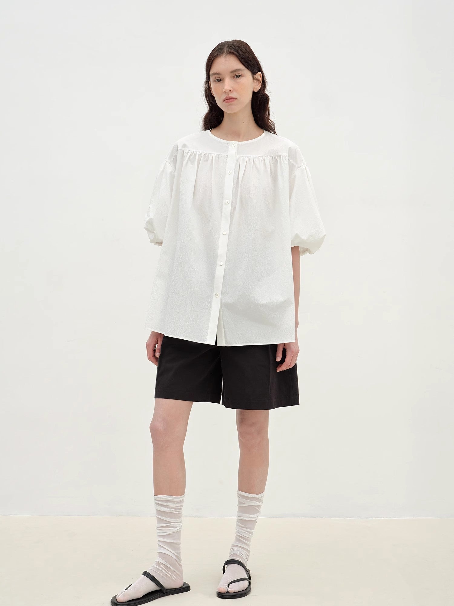 "Romantic Line Drawing" Pure Cotton Slightly Wrinkled Puff Sleeve Short Top for Women - variant_title