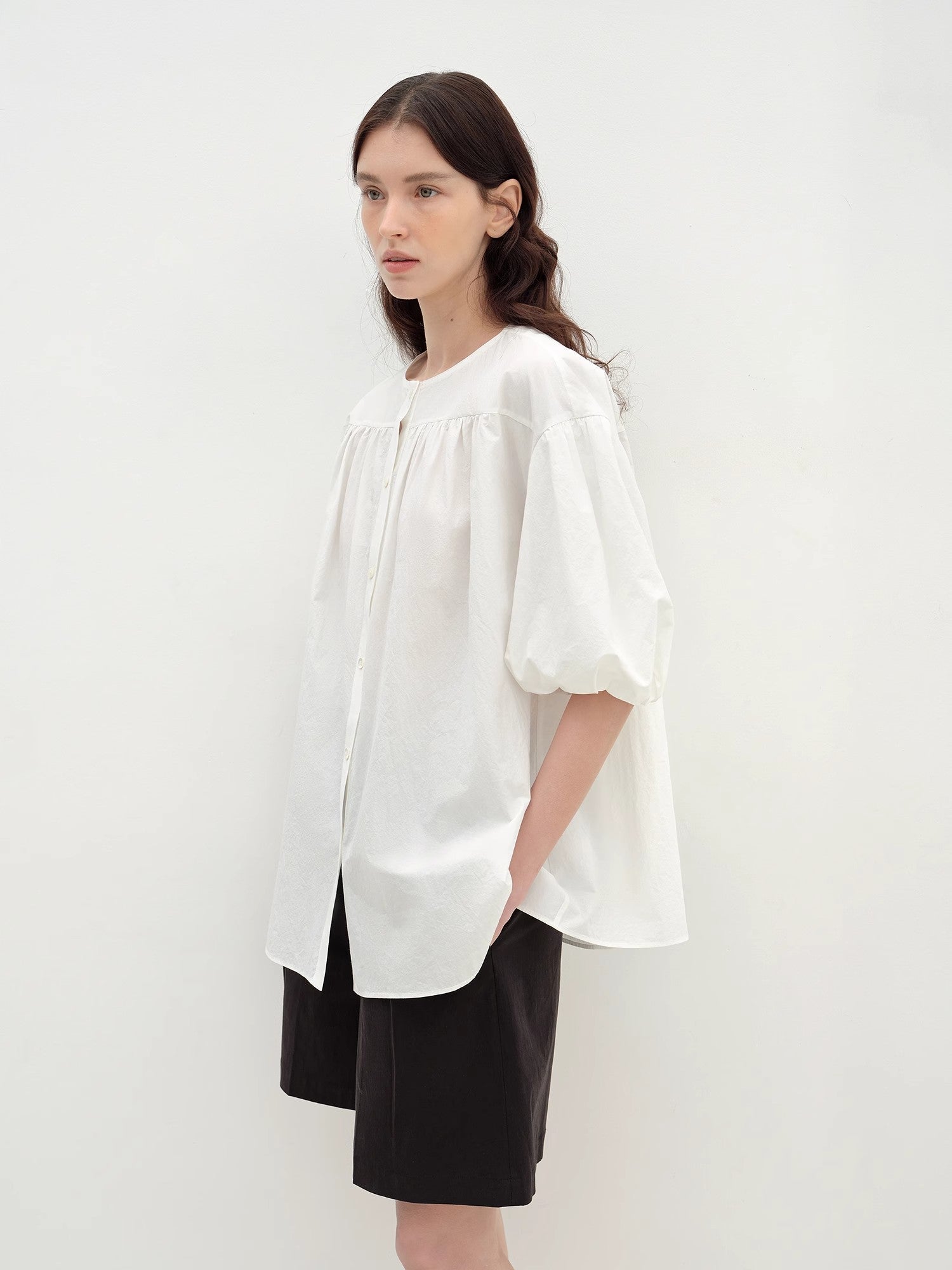 "Romantic Line Drawing" Pure Cotton Slightly Wrinkled Puff Sleeve Short Top for Women - variant_title