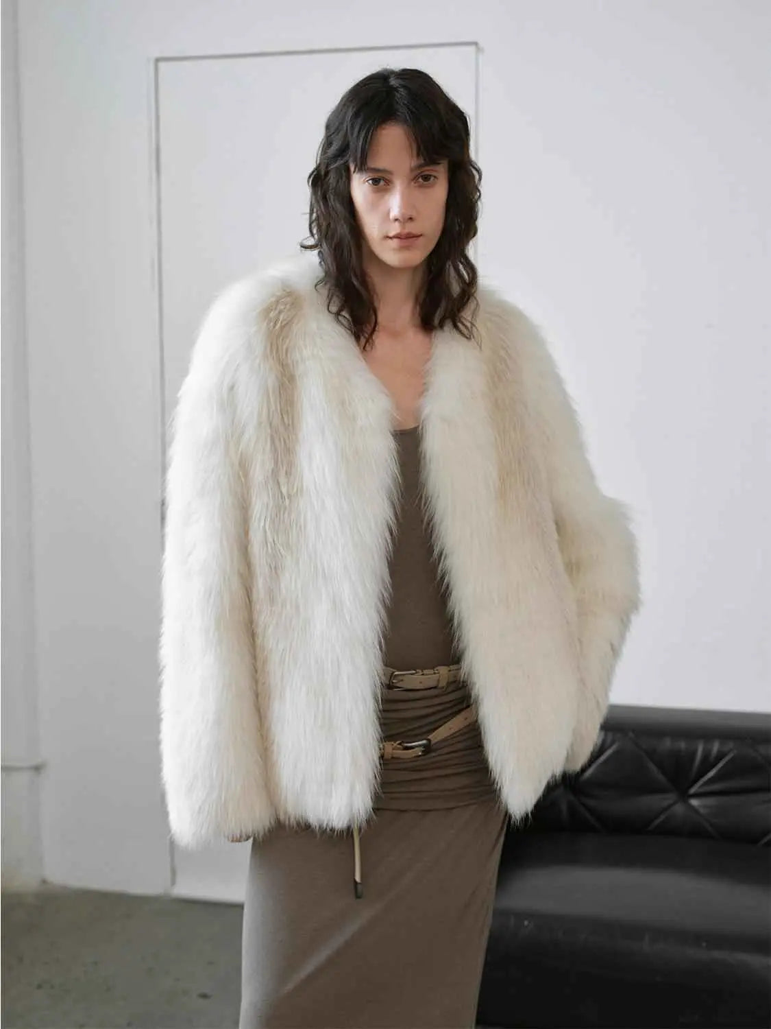 Romantic Nordic Agate Fox fur coat in a studio lifestyle setting