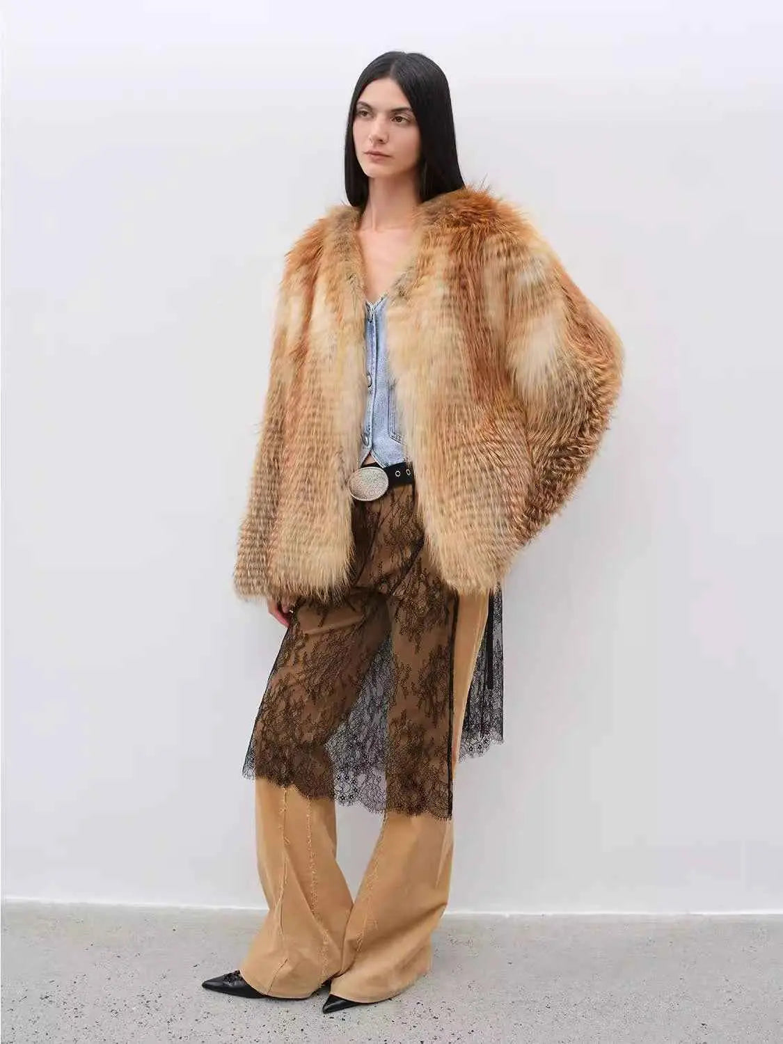 Romantic Nordic Red Fox fur coat, full-length model view