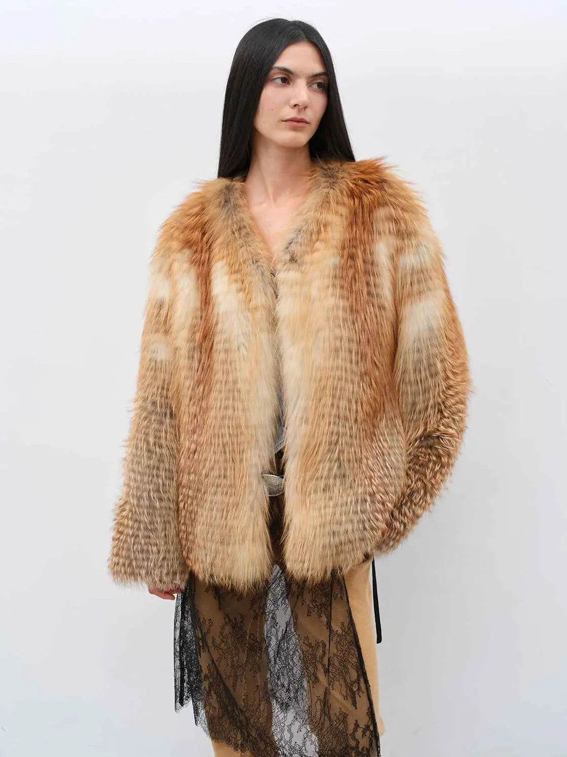 Model wearing Romantic Nordic Red Fox fur coat, front view