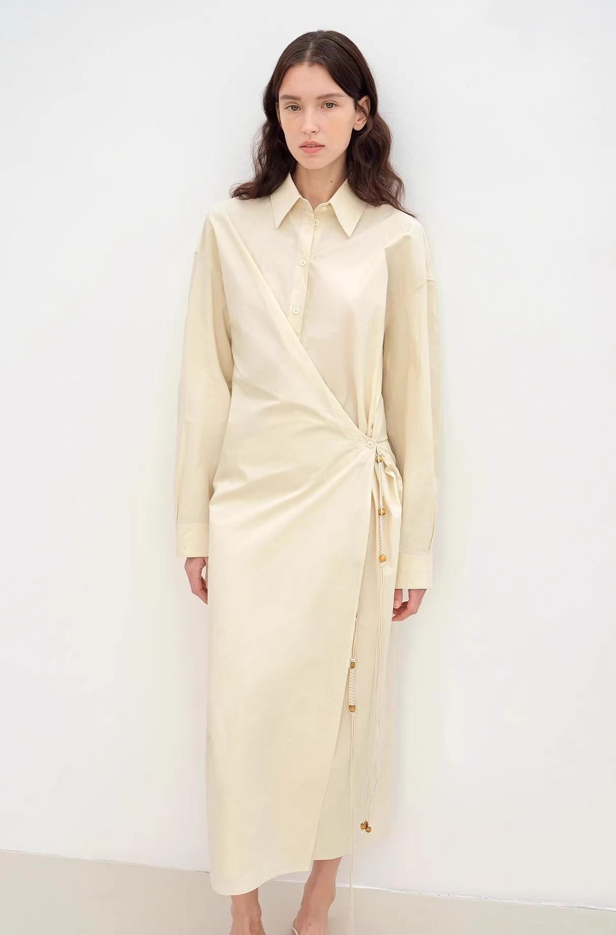 "Romantic Vibes" Cross - Placket Loose Long - Staple Cotton Shirt Dress - variant_title