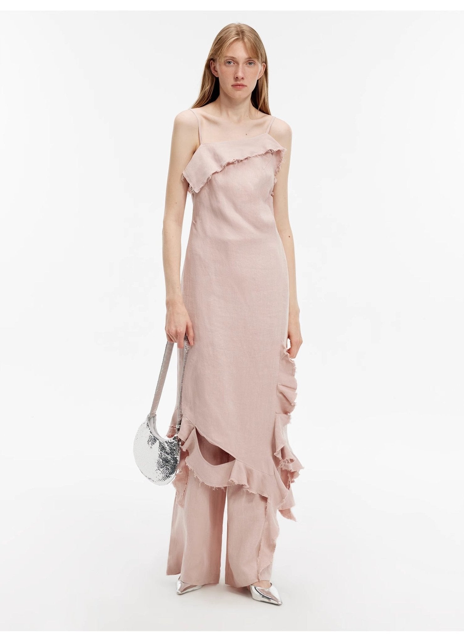 Sand - washed Linen Sling Ruffled Irregular Fit Sling Dress"Summer Whisper" - variant_title