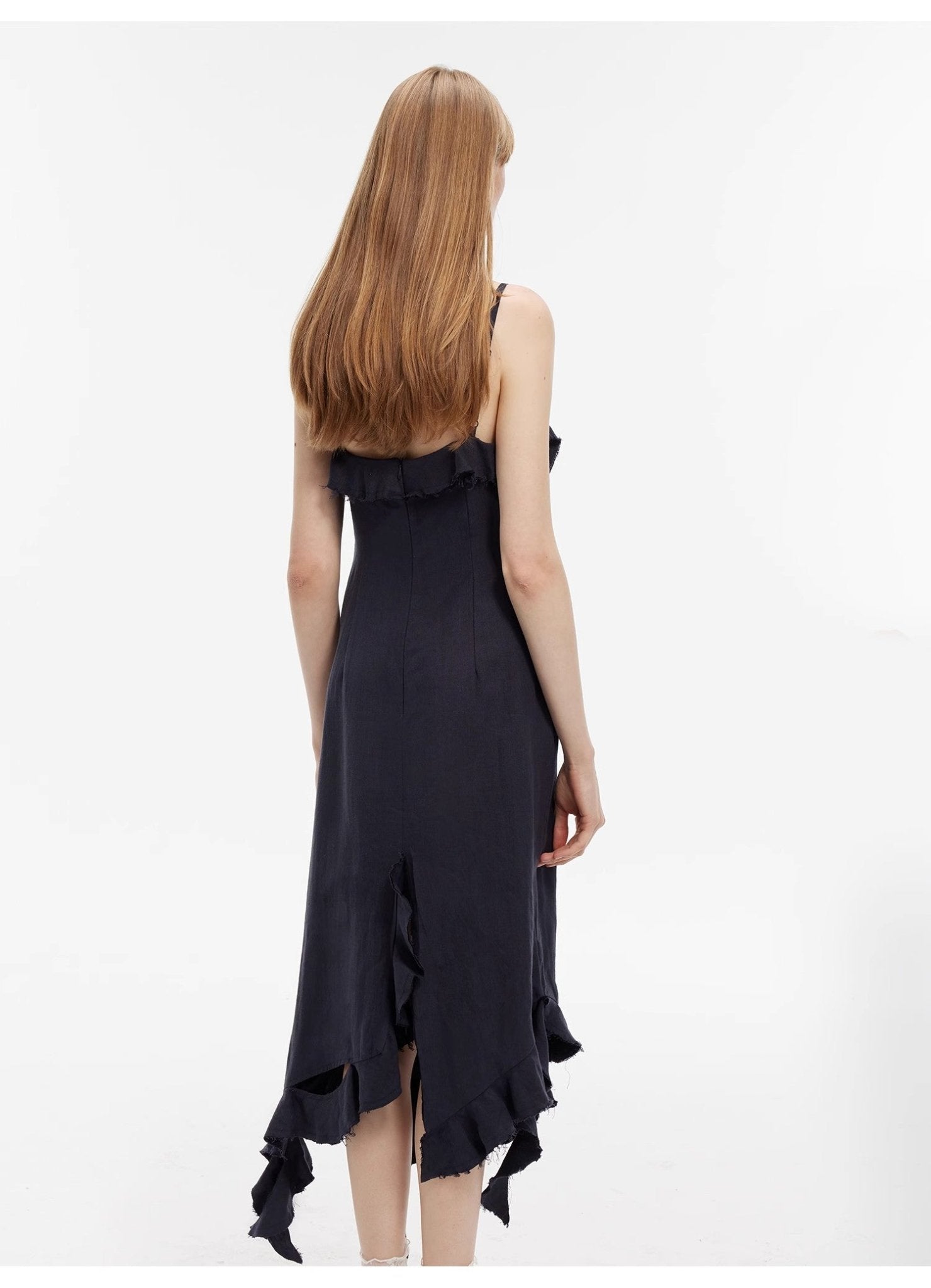 Sand - washed Linen Sling Ruffled Irregular Fit Sling Dress"Summer Whisper" - variant_title