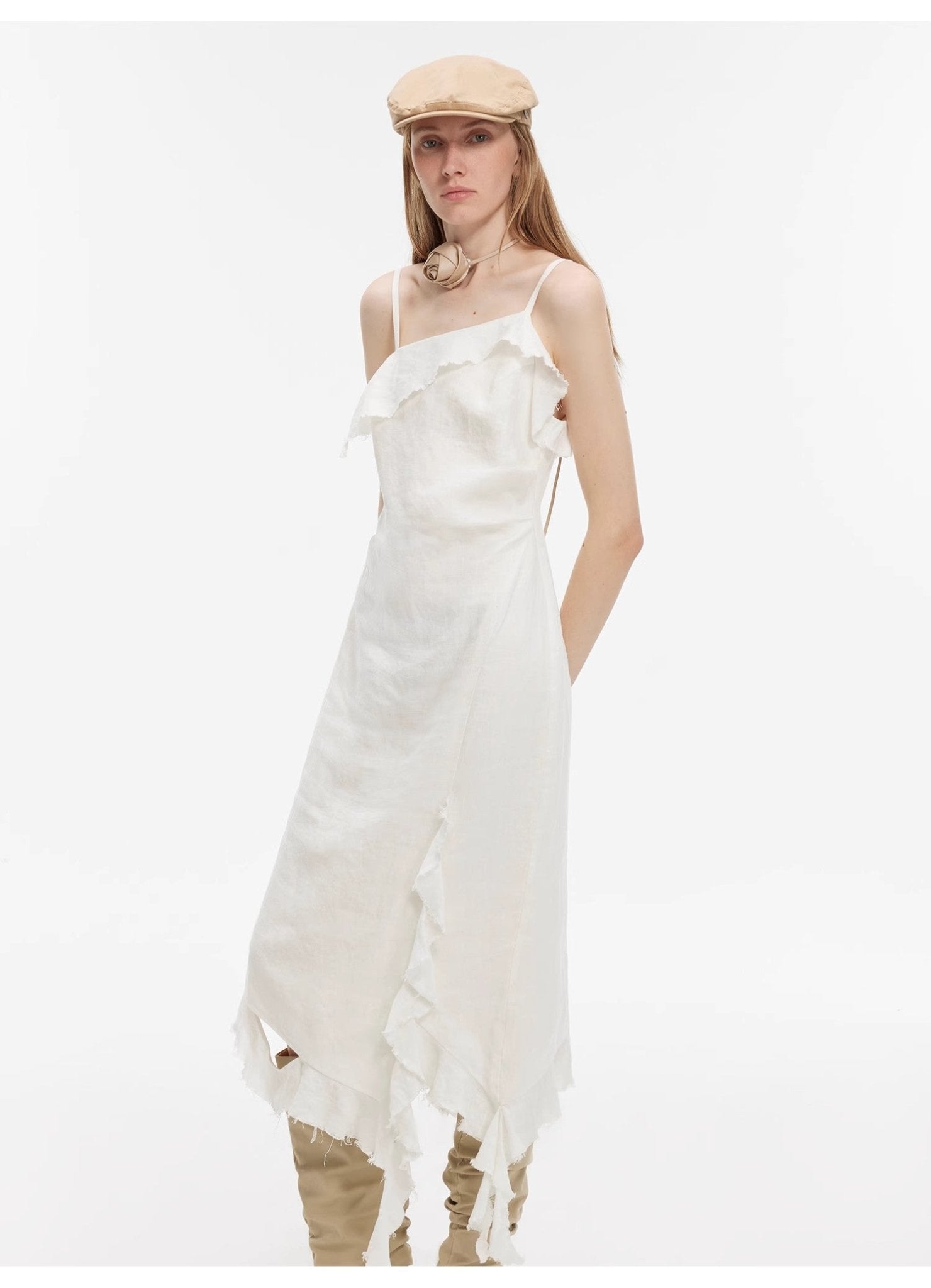 Sand - washed Linen Sling Ruffled Irregular Fit Sling Dress"Summer Whisper" - variant_title