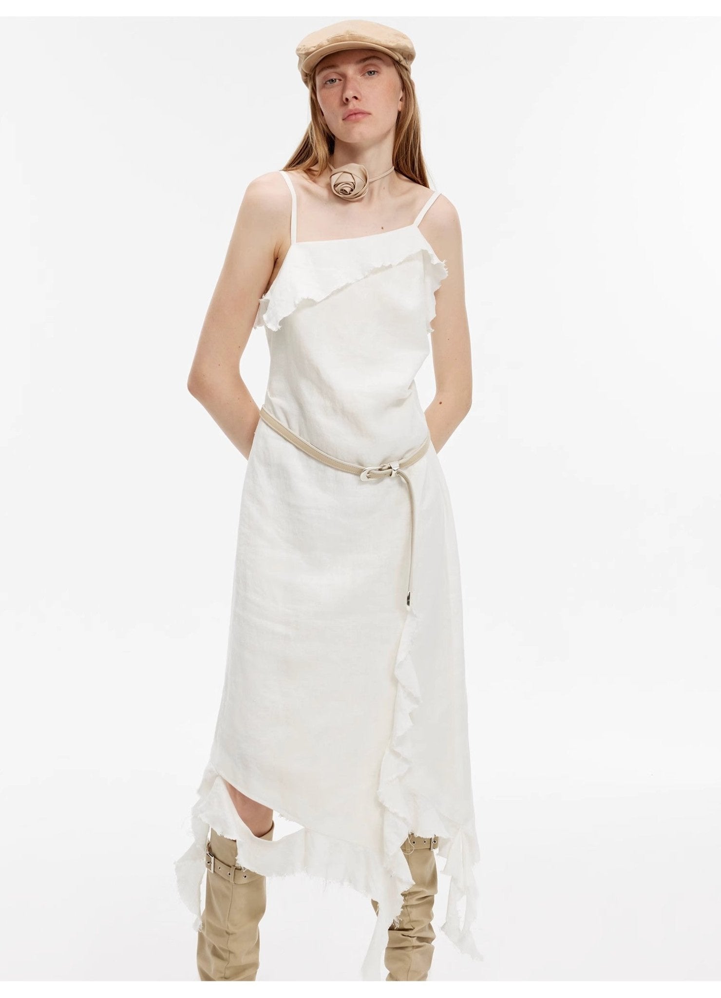 Sand - washed Linen Sling Ruffled Irregular Fit Sling Dress"Summer Whisper" - variant_title