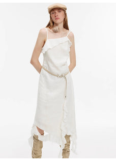 Sand - washed Linen Sling Ruffled Irregular Fit Sling Dress"Summer Whisper" - variant_title