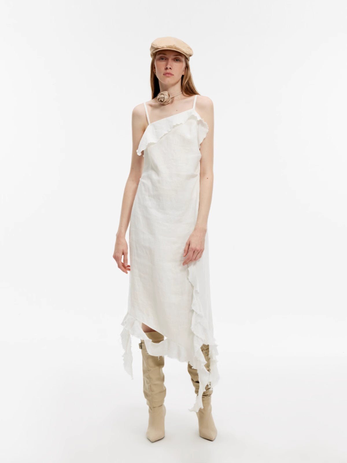 Sand - washed Linen Sling Ruffled Irregular Fit Sling Dress"Summer Whisper" - variant_title