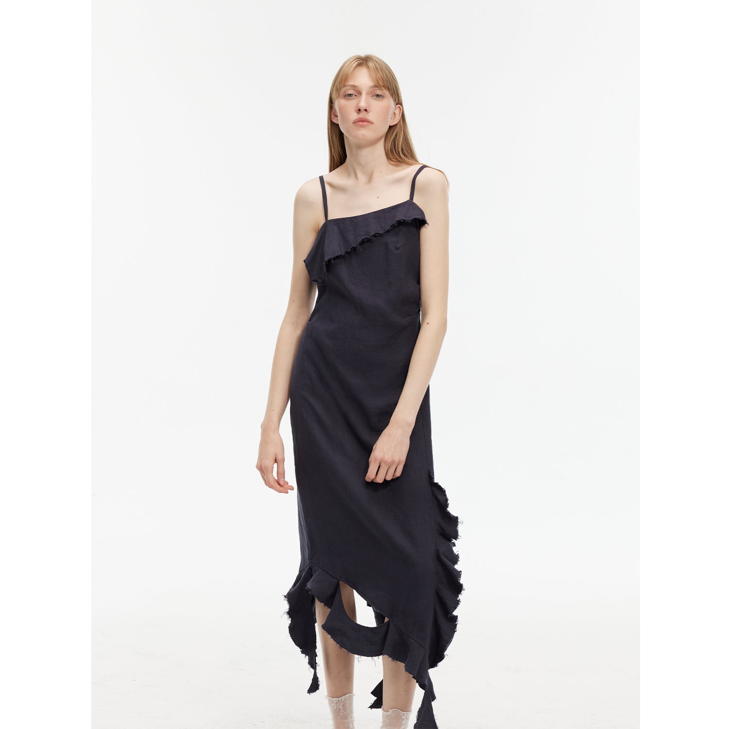 Sand - washed Linen Sling Ruffled Irregular Fit Sling Dress"Summer Whisper" - variant_title
