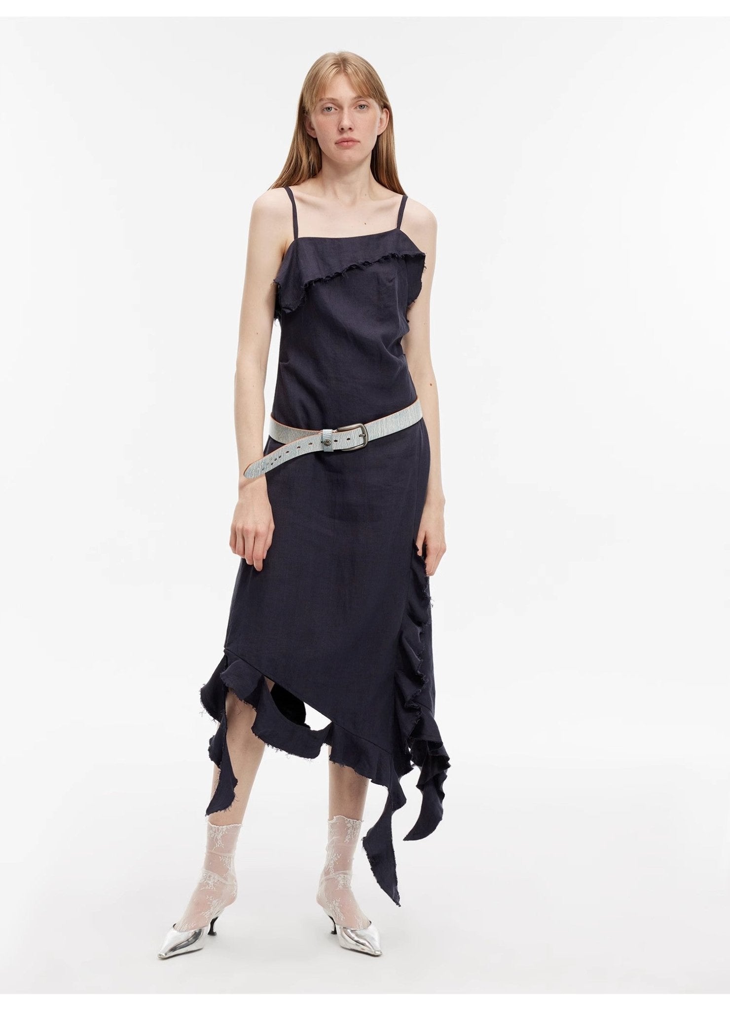 Sand - washed Linen Sling Ruffled Irregular Fit Sling Dress"Summer Whisper" - variant_title
