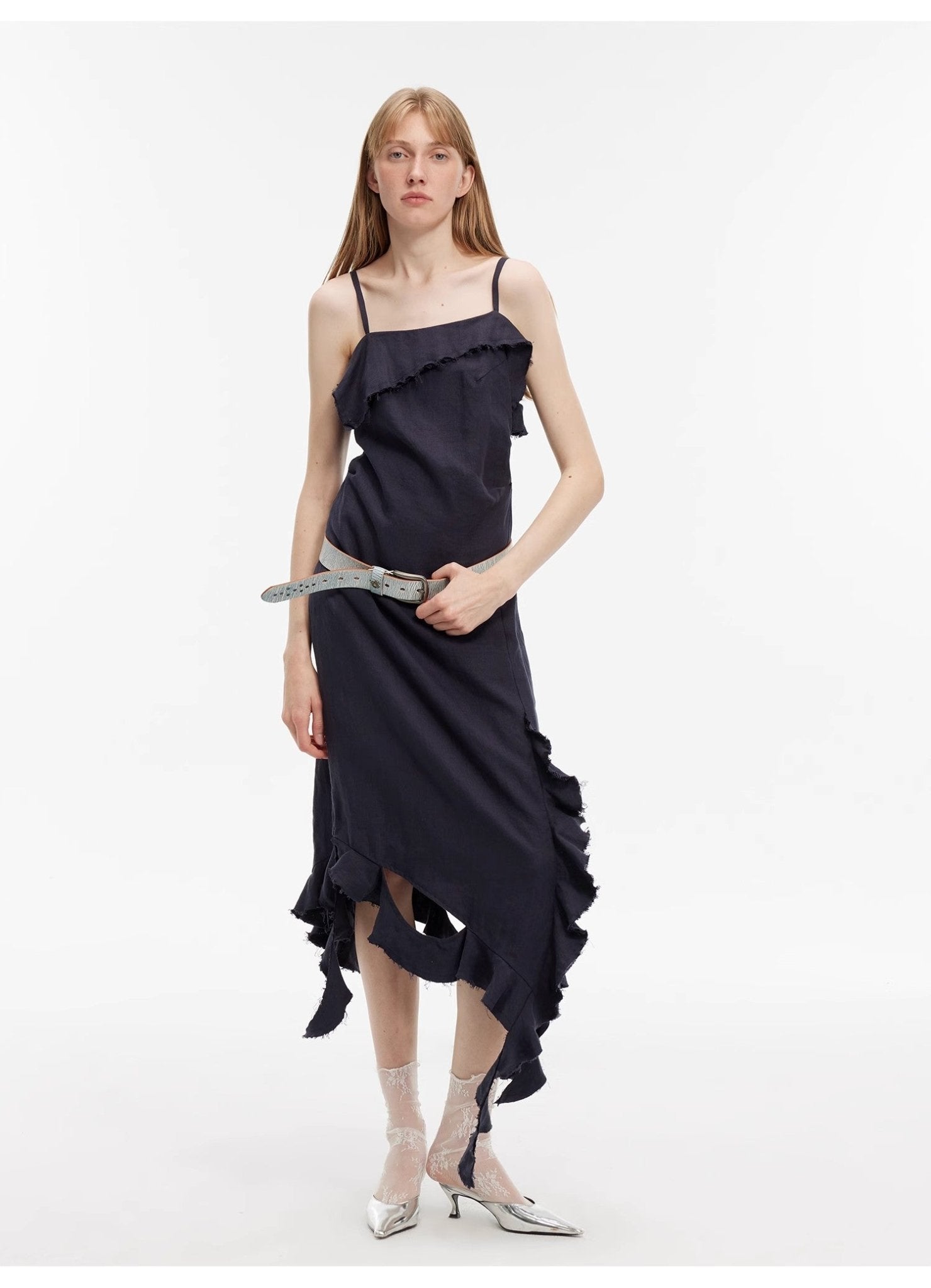 Sand - washed Linen Sling Ruffled Irregular Fit Sling Dress"Summer Whisper" - variant_title